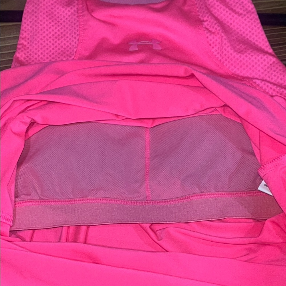Under Armour Neon Pink 2 in 1 Racerback Tank Workout Top w/ built in padding - Picture 4 of 6